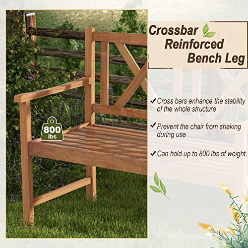 Image of Giantex Patio Garden Bench Loveseat - 2-Person Acacia Wood Bench with Armrest, Backrest, Sturdy Frame, 800lbs Capacity, Outside Park Bench for Patio, Yard, Front Porch, Outdoor Garden Bench, Natural