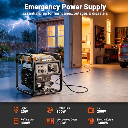 Image of 4400 Watt Gas Powered Generator for Home Use, Open Frame Inverter Portable Generator, 3400 Running Watts, RV Ready 30A Outlet, Runs Refrigerator, Freezer & Essential Home Appliances, EPA Compliant