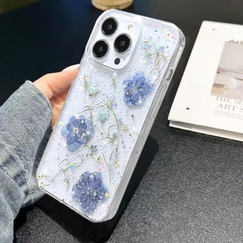 Coque transparente à paillettes iPhone 13 Pro Max antichoc fleurs bleues - 5