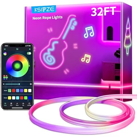 KSIPZE LED Neon Rope Lights,Flexible Rope Lights App Control with Music Sync,DIY Design,Outdoor Waterproof LED Strip Lights for Gaming, Bedroom Living Room Wall Indoor Decor (32.ft) Cover