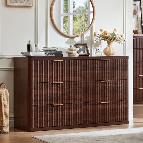 Image of LEYAOYAO Fluted 6 Drawers Dresser Set of 2, 48 inch Wide Modern Chest of Drawers with Metal Handle, Walnut Curved Profile Dresser TV Stand, Wooden Drawer Organizer for Bedroom, Living Room, Hallway