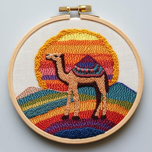 DIY Punch Needle Kits for Beginners Camel and Sunset with Hoop Embroidery Punch Needle Starter Set Easy for Adults and Kids Festival Gift and Decor 20x20cm