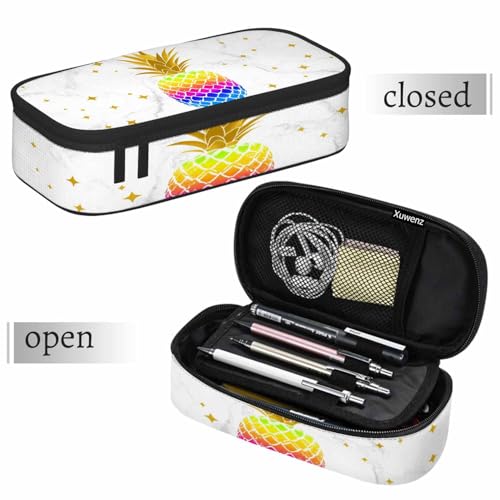 Image of White Marble Pencil Holder Bag Pineapple Fruit Gold Stars Pencil Case College Office School for Teens Boy Girl