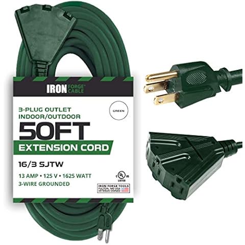 Iron Forge Cable 16/3 SJTW 3 Prong Extension Cord with 3 Electrical Power Outlet, 50 Feet Cover