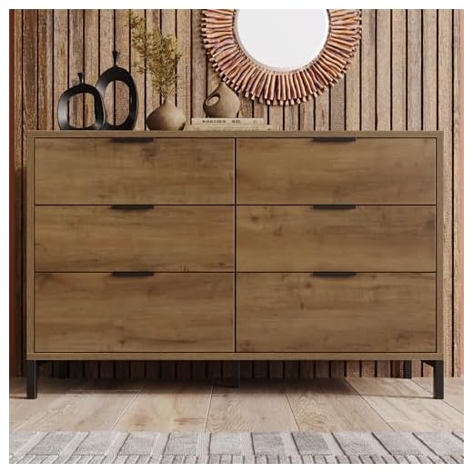 Merax Cómoda con 6 cajones, aparador de almacenamiento, armario de roble oscuro, patas metálicas ajustables, para dormitorio y salón, 120 x 40 x 76 cm