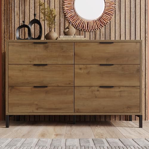 Merax Kommode mit 6 Schubladen 120 cm, Sideboard Schubladenschrank mit Viel Stauraum, Aufbewahrungsschrank in Dunkle Eiche, Verstellbares Metallbeinen, für Schlafzimmer, Wohnzimmer, 120 x 40 x 76 cm