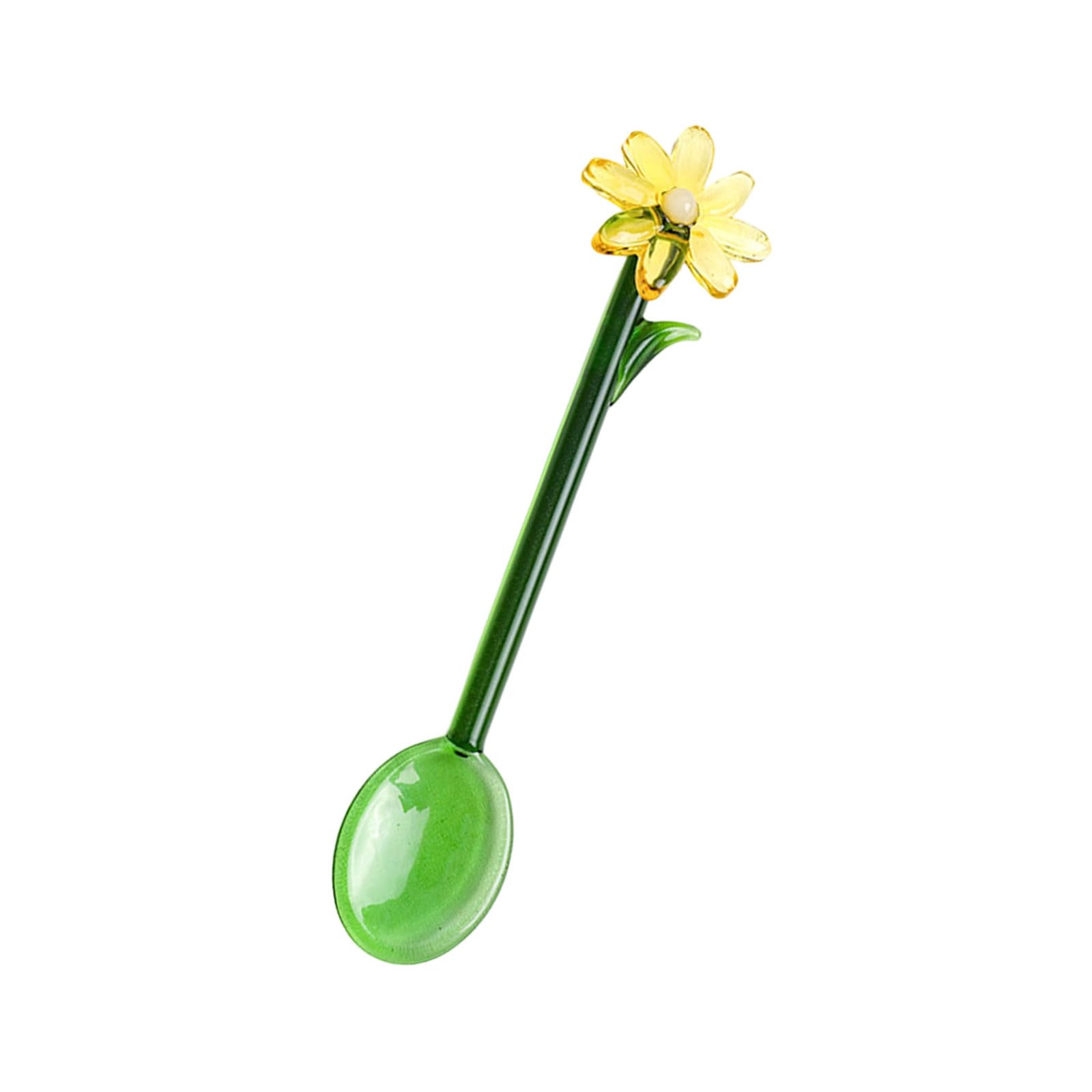 jiingekk Clear Glass Stirring Spoon with Colored Flower Head Long Handle Stirrer for Beverages Dessert Hot Drink Spoon