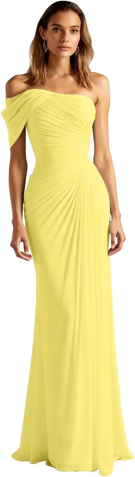 Chiffon Bridesmaid Dresses Long for Women Mermaid Formal Dress One Shoulder Pleated Wedding Guest Gowns