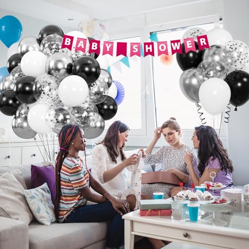 Image of 100pcs Black and Silver Balloons, 12inch Black White Silver Confetti Ballons for Birthday, Baby Shower, Graduation, Anniversary Party Decorations
