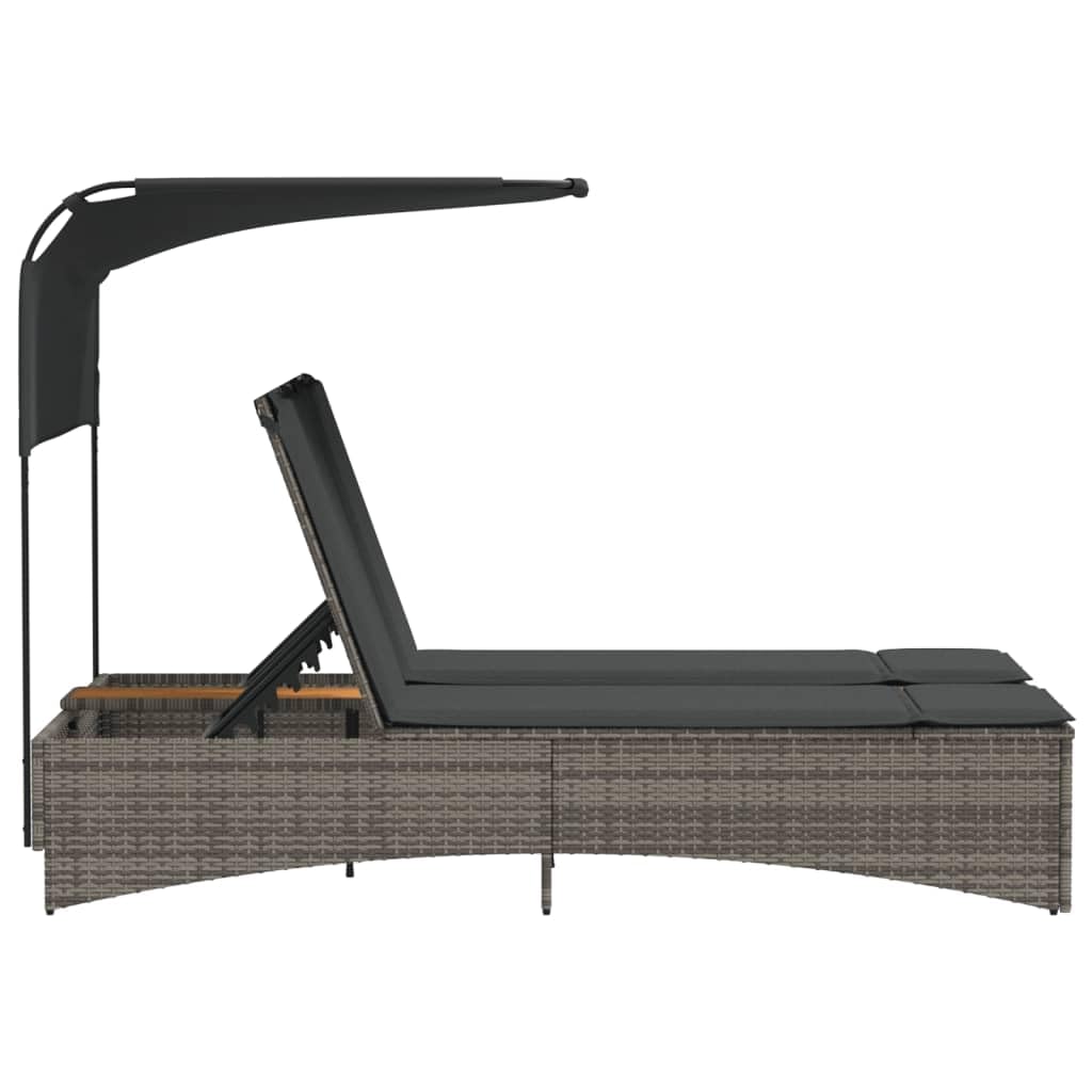 Doppel-Sonnenliege klappbar mit verstellbarem Dach 136 x 202 x 140 cm Poly-Rattan Akazienholz Gartenliege grau wetterfest für Balkon Terrasse Garten