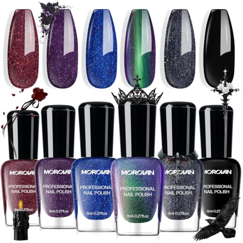 Morovan Dark Nail Polish Set: 6 Color Gothic Black Glitter Deep Purple Gift