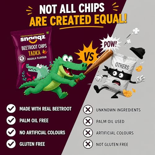 Image of Snaaqz Beetroot Chips Tadka Masala | Crunchy Vegetable Chips | Palm Oil Free | Vegan Gluten Free | Healthy Snack for Kids & Adults | 70g Pack of 2