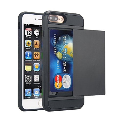 iPhone 7 Plus Case, Moonmini Card Slot Holder Shockproof Slim Fit Dual Layer Armor Wallet Protective Cover for iPhone 7 Plus - Black