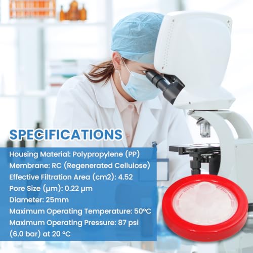 Image of RC Membrane Syringe Filter 25mm Diameter 0.45um Pore Size Syringe Lab Filter for Laboratory School Science, Pack of 10 (Model AMRC02225)