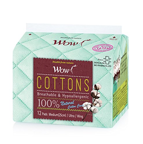Wow, assorbente mestruale in 100% cotone, misura media, ultra naturali, con ali da 25 cm, 12 in totale per pelli sensibili