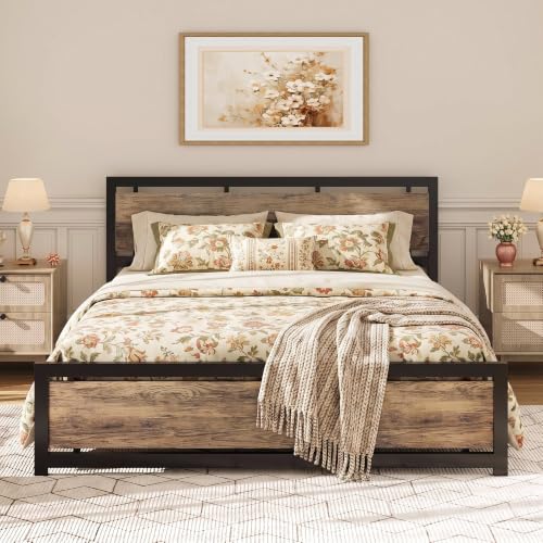 Image of LIKIMIO California King Bed Frame with Headboard and Footboard, Metal Strong Supports, Easy Assembly, Noise-Free, No Box Spring Needed, Walnut