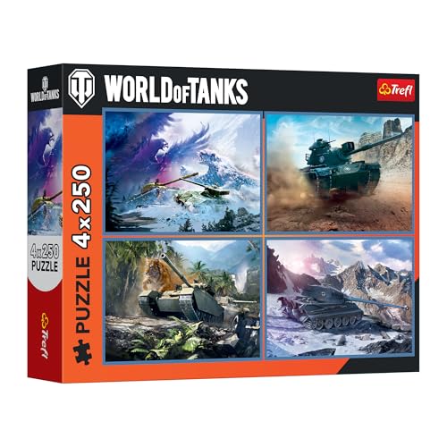 Trefl The Great Tank Battle, 4in1-4x250 piezas Rompecabezas 13.3"x9.4" | World of Tanks, DIY, Entretenimiento Creativo, Puzle Clásico, 14+ miniatura 1