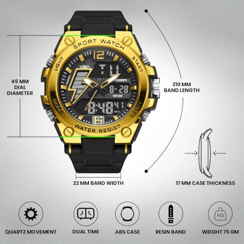 Image of V2A Stryke 45mm Analog Digital Sports Watch for Men | Hybrid Layered Dial | Alarm Stopwatch Backlight Day Date | TPU Strap | 30M Water Resistant | Gift for Mens