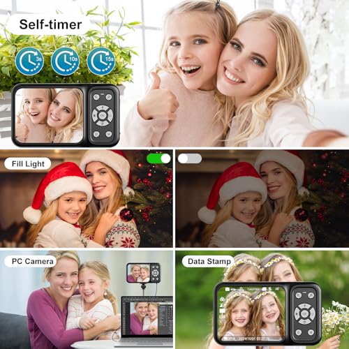 Image of QUOLODOO Digital Camera, 4K 64MP Dual Screens Camera, 18X Zoom, Point and Shoot Digital Camera with 64GB TF Card & 2 Batteries, Portable Rechargeable Small Camera for Kids Teens Adult, Black