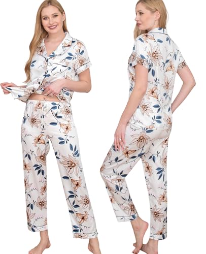 Image of WJing Yi Jia Womens Pajamas Set XS-4XL Floral Silk Satin Pajama Sets Silky Pj Sets 2Pcs Loungewear Sleepwear Button Down Pjs