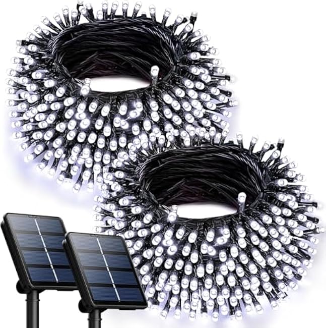 OZS 2PK 240LED 95FT Solar Sring Lights Outdoor Waterproof, Solar Christmas Lights for Outside, Green Wire Tree Electric Holiday Light with 8 Lighting Modes for Christmas Decorations(Cool White)