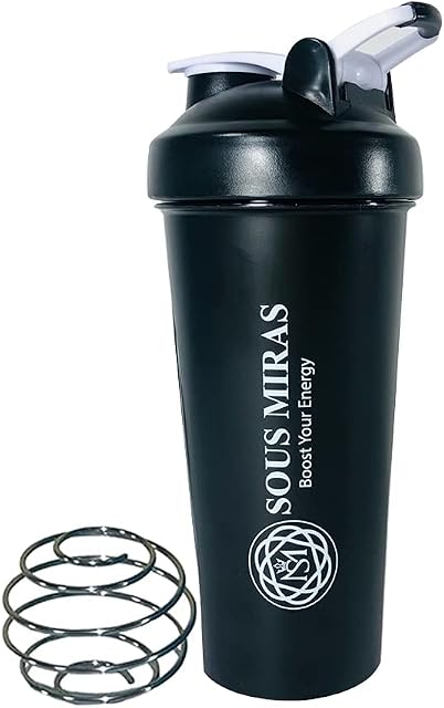 SOUS MIRAS Protein Shaker Bottle, Leak Proof Drinks Shake Cup for Gym or Fitness Sports, Protein Supplements Shake, Blender Mixer Bottle with Stainless Steel Metal Mixture Ball (600ml/700ml) - Black