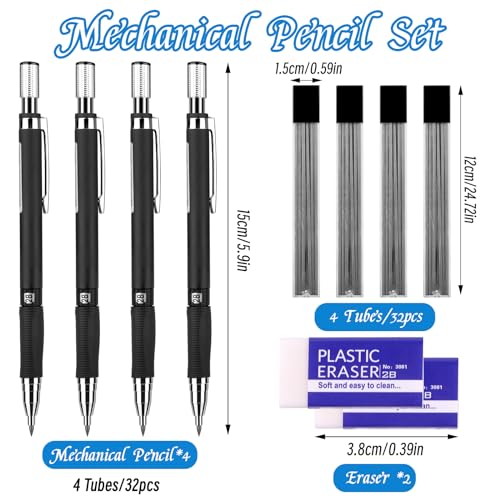 Tikplus 4 Druckbleistift 2.0 mm, 4 Tuben (32Stück) Bleistiftmine HB Mienenbleistift und 2 Stück Radiergummi, Mechanical Pencil für Skizzieren Zeichnen Schreiben