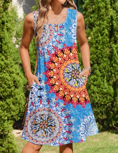 Image of Zeagoo Womens Casual Summer Dresses 2025 Boho Sleeveless Sundresses with Pockets Pleated Beach Floral T Shirt Dresses