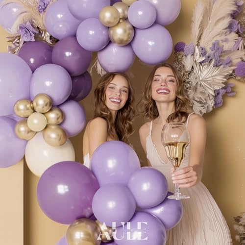 Image of AULE 155Pcs Dusty Purple Balloon Arch Kit Sand White Gold Balloons | Macaron Purple Balloons Garland for Birthday Anniversary Engagement Bridal Shower Wedding Theme Party Decoration
