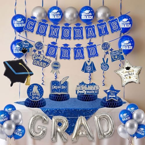 Image of Royal Blue Silver 2026 Graduation Party Decorations - Class of 2026 Grad Printed Balloons, Banner, Hanging Swirls, Table Centerpieces, Trophy Foil Balloons for College High School Graduation Prom