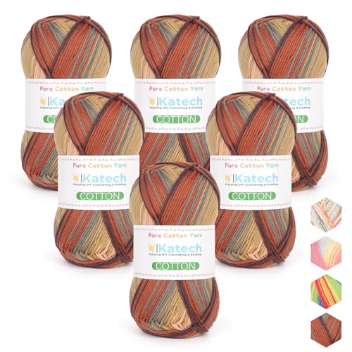 Image of Katech 1OO% Ombre Cotton Yarn for Crocheting - 2 Sport Weight Baby Yarn for Knitting - 6 Pcs of 50g(1.76oz) /160m(175yd), Fine Soft Multicolor Yarns for Baby Blankets, Afghans, Shawls, Dress, Hats (D)