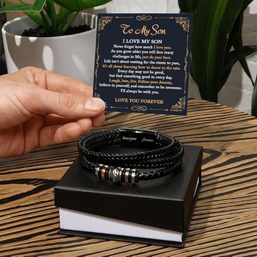 To My Son Bracelet From Mom Dad with Personalized Message, Forever Linked Together Black Braided Leather Inspirational Bracelets, Gift For Son From Parents, Birthday Gift with Card and Box2