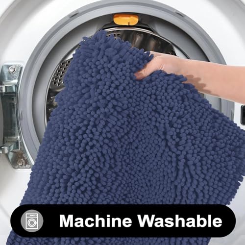 Image of LUXE HOME INTERNATIONAL Shaggy Chenille Bath Mat Extra Soft Super Absorbent Anti Skid Slip Popcorn Door Mats for Home Entrance, Bathroom, Bedroom, Kitchen, Floor Mat (60x120 cm Navy) Pack of 1