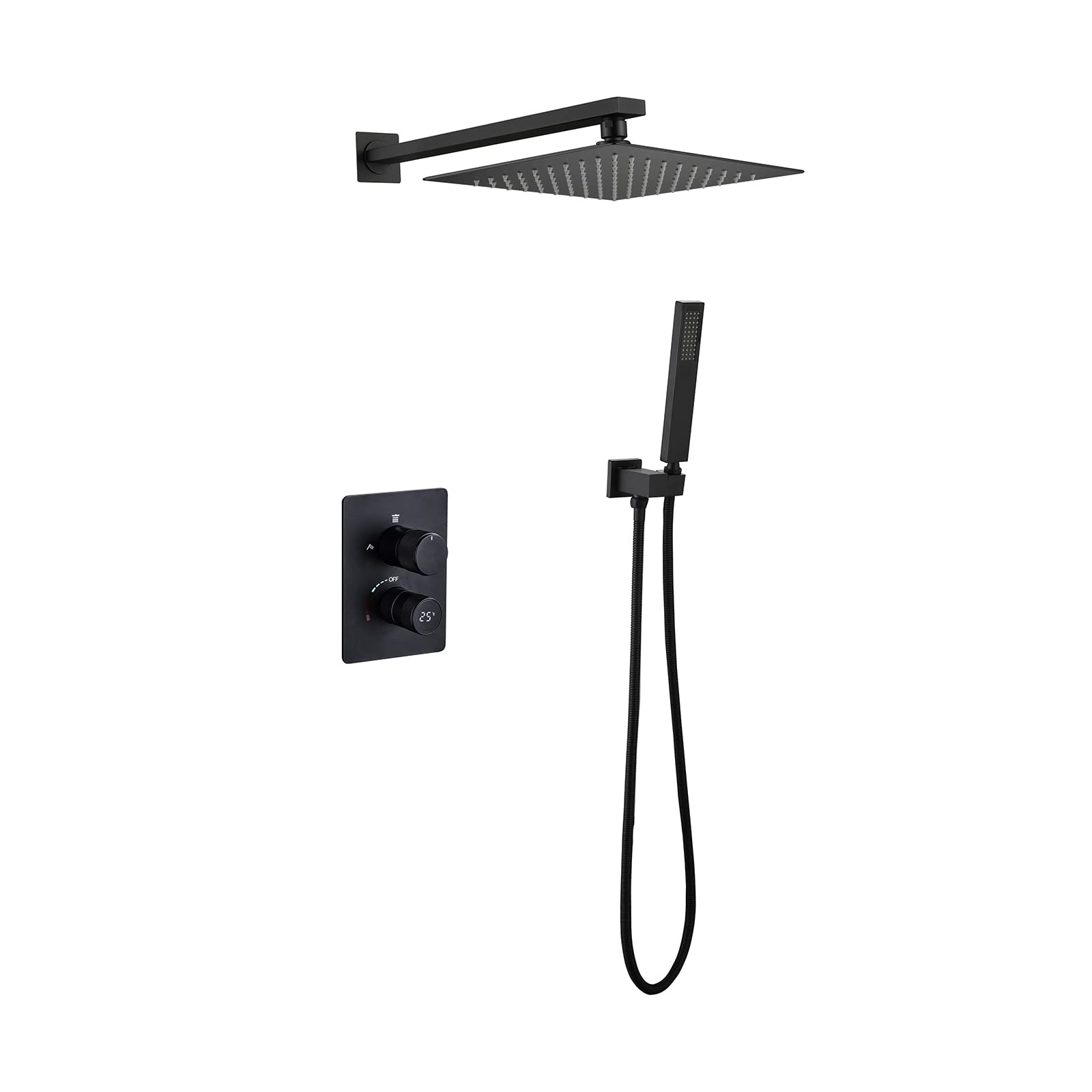 CWCQGH Shower System Digital Display Shower Faucet Set Concealed Shower Mixer Set with Brass Hand Shower and 25×25 cm Rainfall Shower Head Advanced Air Injection Technology Easy Installat