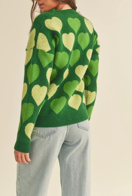 Image of Women Heart Print Knit Pullover Sweater Long Sleeve Round Neck Love Pattern Sweaters Trendy Valentine Knitted Sweater