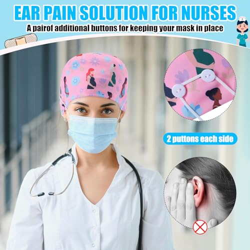 Image of Unittype 4 Pcs Nurse Caps for Women Nursing Working Caps with Button and Sweatband Adjustable Elastic Scrub Hats for Dentist