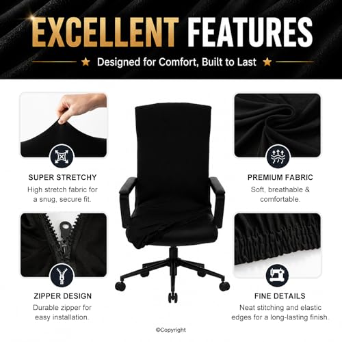 Image of Water Resistant Office Chair Cover with Durable Zipper - Stretchable Universal Computer Chair Covering - Smooth Soft Polyester Slipcovers for Rotating Boss Chair, Desk Chair, High Back Chair (Black)