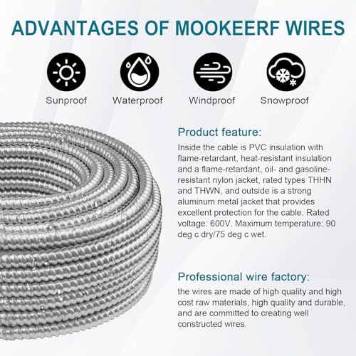 Image of MOOKEERF 12 /2 MC Cable with Ground - 200FT Pure Copper 12AWG /2 Metal Clad Wire with Aluminum Armor 12 Gauge 2 Conductor Type MC Alum Cable