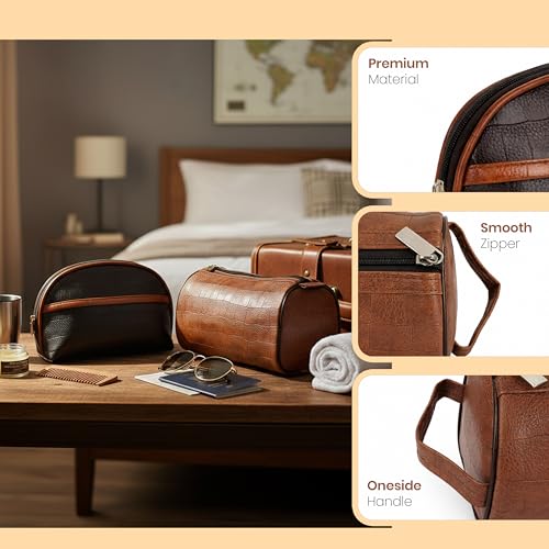 Image of SNDIA 2-Set PU Leather Toiletry Travel Bags for Men and Women, Shaving Kit Bag, Makeup Cosmetic Pouch for Women and Men (Him & Her) Brown