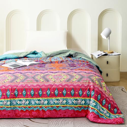Image of Ac Comforter Single Bed Boho with Satin Finish 240 GSM - Reversible AC Comforter - Purple & Orange, Motif Comforter Quilt Duvet Dohar Blanket for Summer 150 X 225cm