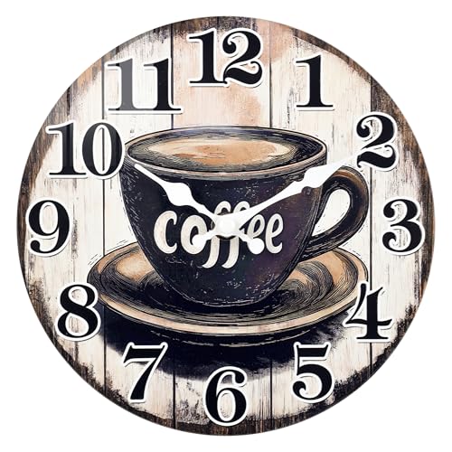 Horizent Kitchen Wall Clock,Vintage Glass Coffee Sign Decor Wall Clocks Battery Operated-8 Inch