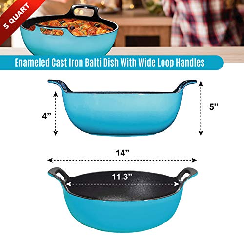Enameled Cast Iron Balti Dish With Wide Loop Handles, 5 Quart, Turquoise - Thumbnail 4