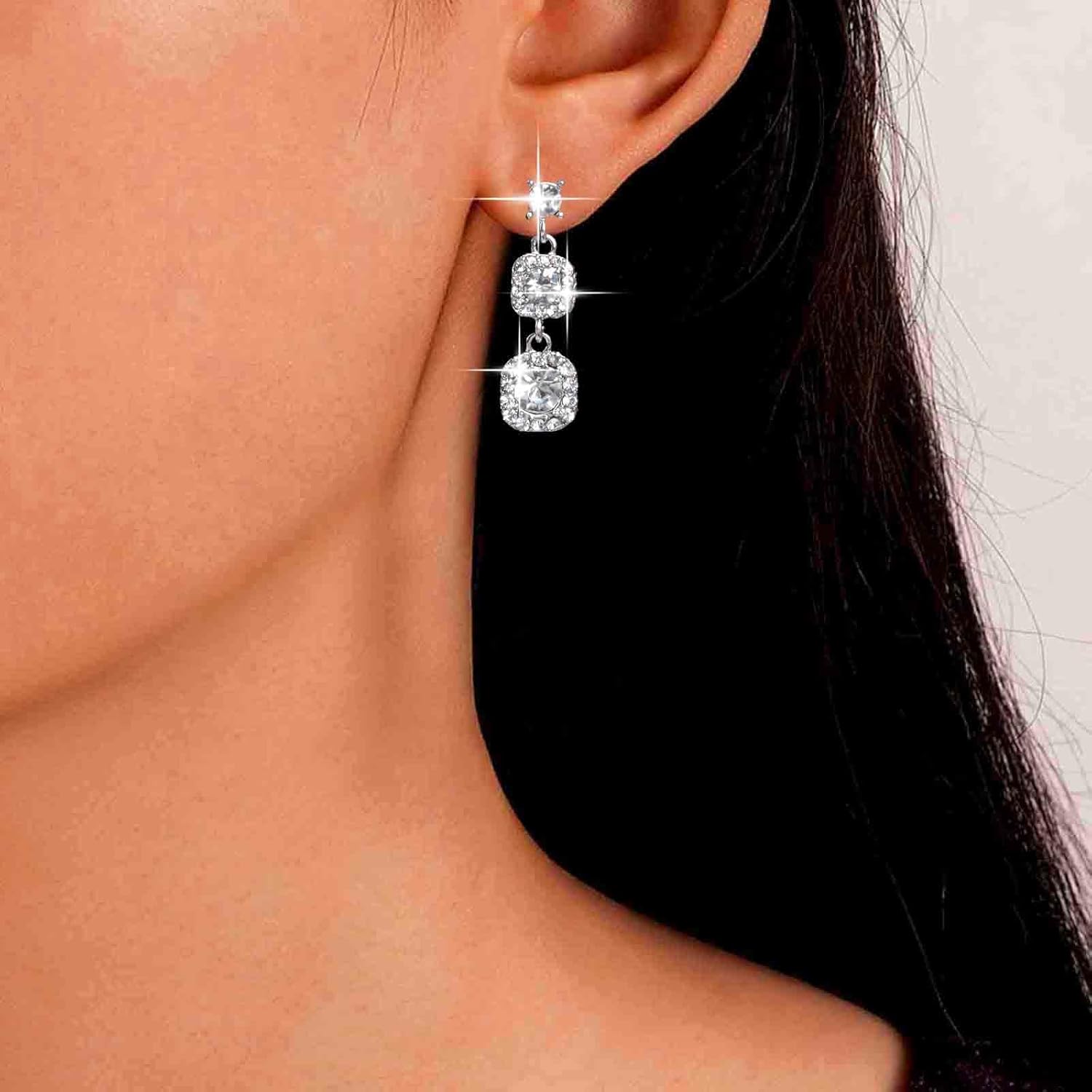 Vintage Crystal Dangle Earrings Silver Rhinestone Square Earrings Long Rhinestone Drop Earrings Wedding Chandelier Earrings Jewelry for Women - Image 2