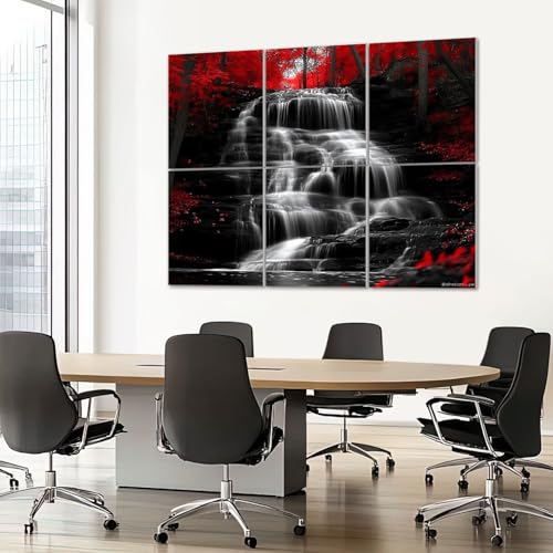 6 Pack Paneles Acústicos Artísticos Absorbentes de Sonido en Negro, Blanco y Rojo con Diseño de Paisaje de Cascada y Bosque, Autoadhesivos, para Estudios de Grabación y Oficina, 72"x48" miniatura 7