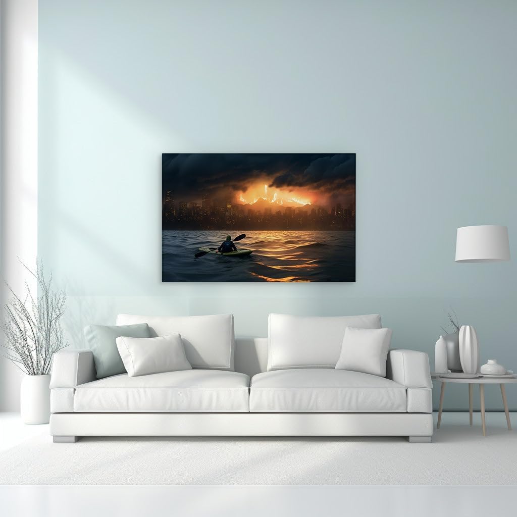 Canvas for Living room. Kayak Vantage: Witnessing Urban Inferno from the Water's Solitude, 27 x 18 inch Canvas Wall Art - Ready to Hang