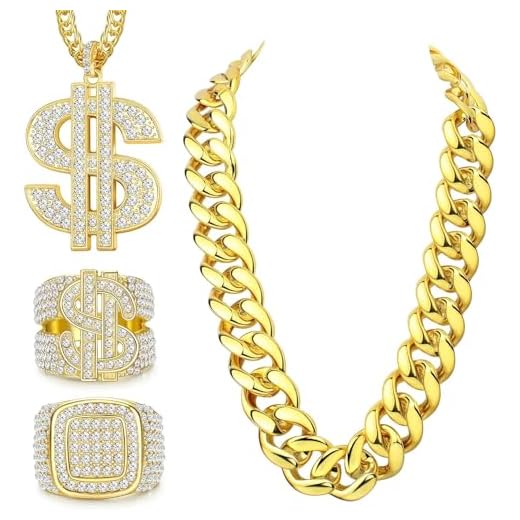 Diamday 4PCS Anni '80 '90 Hip Hop Costume Kit per Donna Uomo Rapper Finta Oro Catena Dollar Sign Collana Dollar Sign Dito Anello DJ Punk Iced out Anello Hippie Costumi Set Rapper Carnevale Accessori