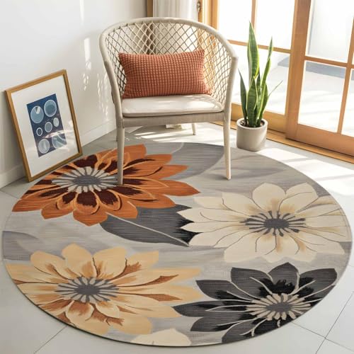 Yaiikkvbaa Round Area Rug, Burnt Orange Grey Black Flower Round