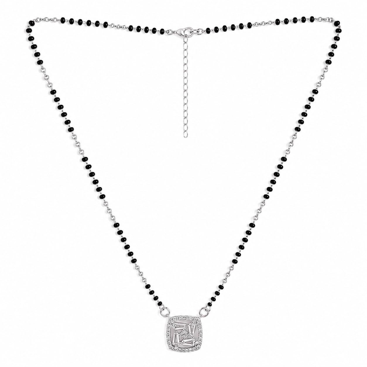 925 Sterling Silver Square Mosaic Centre Solitaire Mangalsutra for Women | Rhodium Plated Chain with Black Beads & Zircon Cushion Halo Pendant with Baguette Stone | Elegant Traditional Necklace-image-42