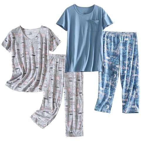 PNAEONG 2 Pack Women's Cotton Pajama Sets Short Sleeve Sleepwear Tops with Capri Pants Summer Loungewear Pj Sets(Coffee+C Good Night-XL) Cover