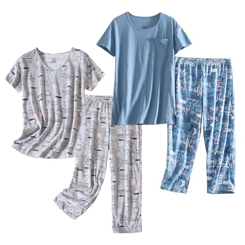 Image of PNAEONG 2 Pack Women's Cotton Pajama Sets Short Sleeve Sleepwear Tops with Capri Pants Summer Loungewear Pj Sets S-3XL